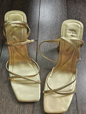 ZARA Gold Strappy Block Heel Sandals